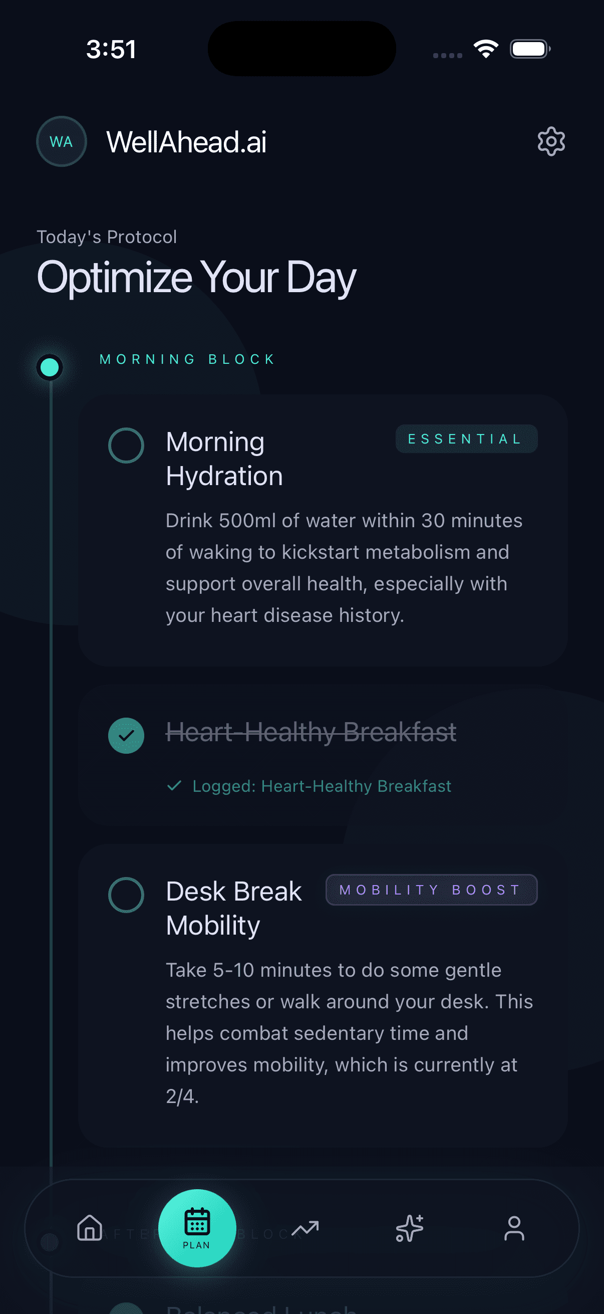 SvasthaX Adaptive Daily Plan screen showing Today's Protocol — Optimize Your Day with Morning Hydration, Heart-Healthy Breakfast completed, and Desk Break Mobility tasks