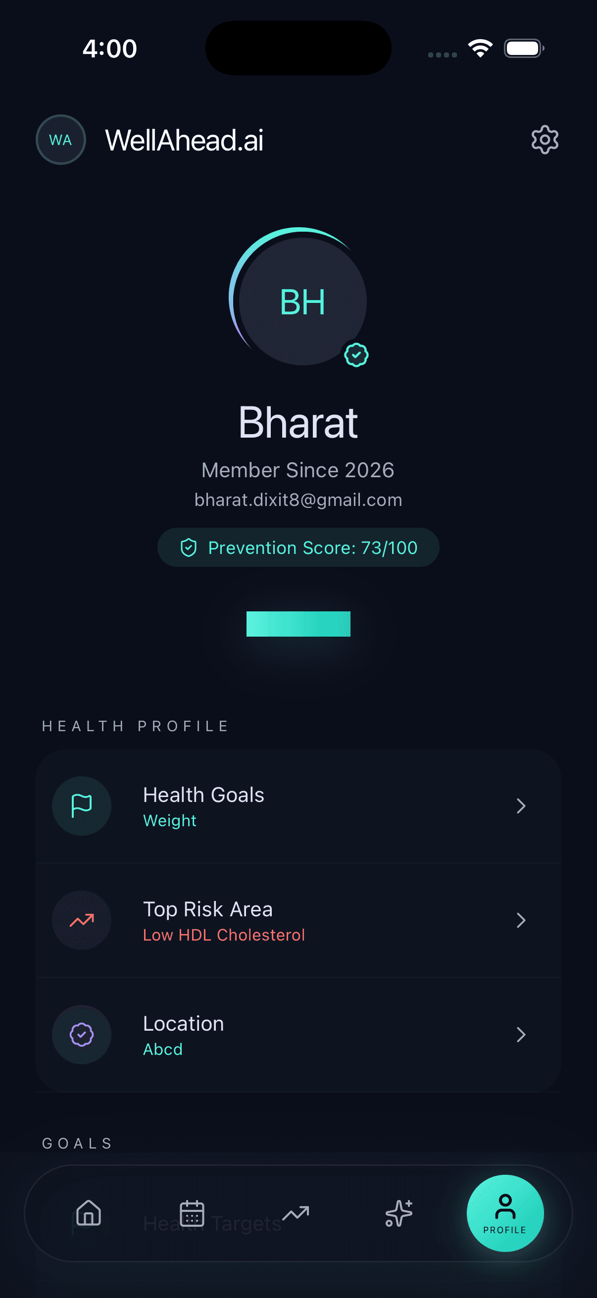 SvasthaX Profile screen showing user Bharat with Prevention Score 73/100, Health Goals, Top Risk Area Low HDL Cholesterol, and Location details